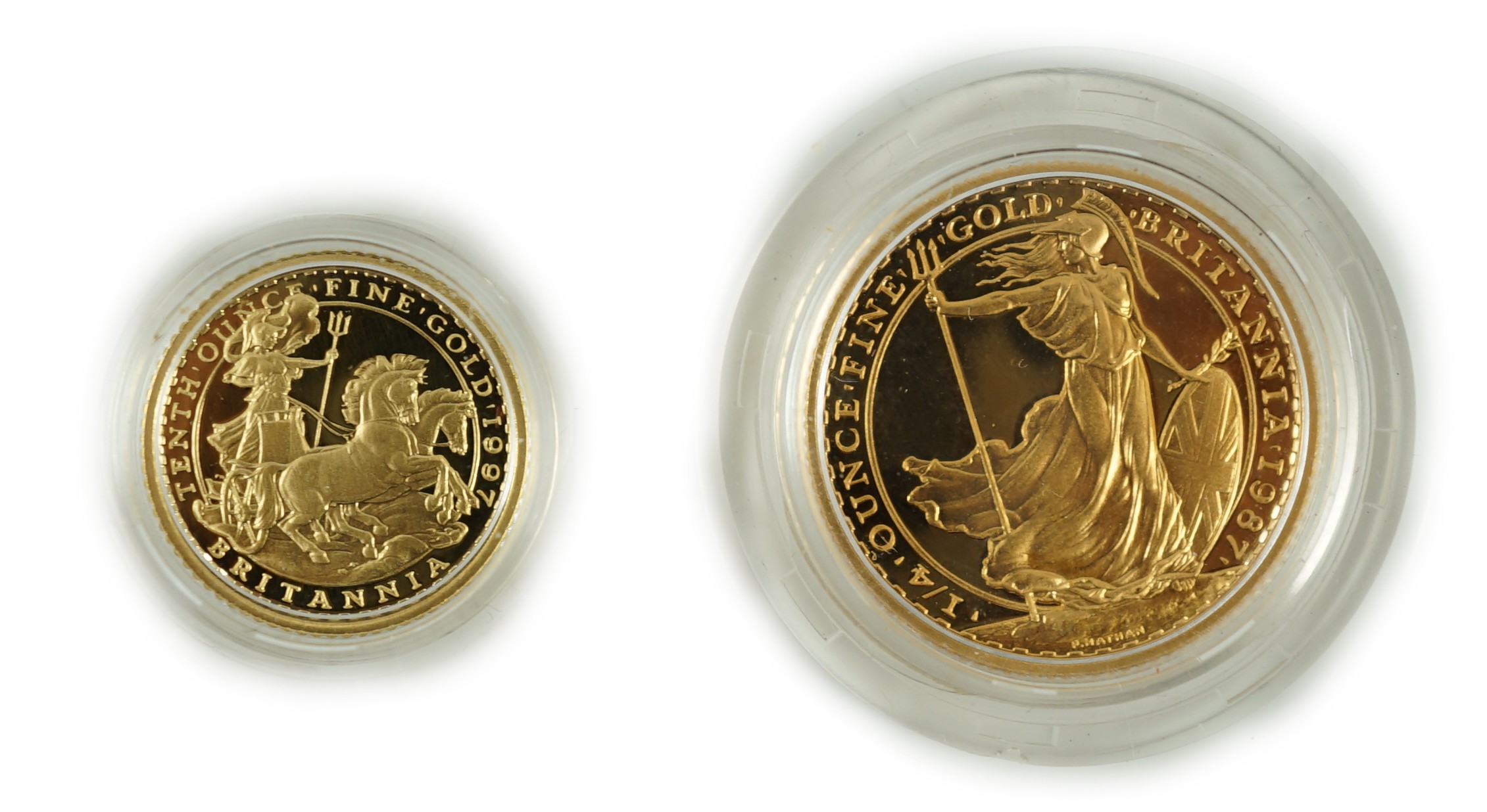 Elizabeth II (1952-2022), Royal mint gold proof Britannia £10, 1997 and gold proof Britannia quarter oz. £25, 1987, both cased